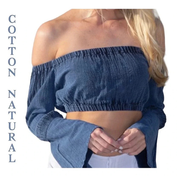 Natural Cotton FLARE MIDNIGHT‎ BLUE OFF-SHOULDER cropped top long sleeve size M - Picture 1 of 16